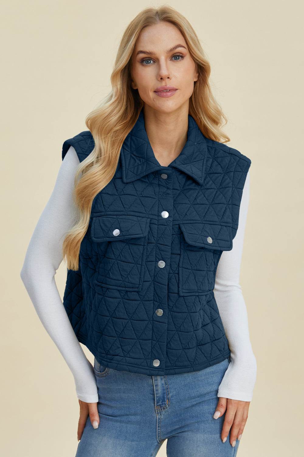 Double Take Full Size Pocketed Texture Snap Down Vest Coat - Fashions Envy
