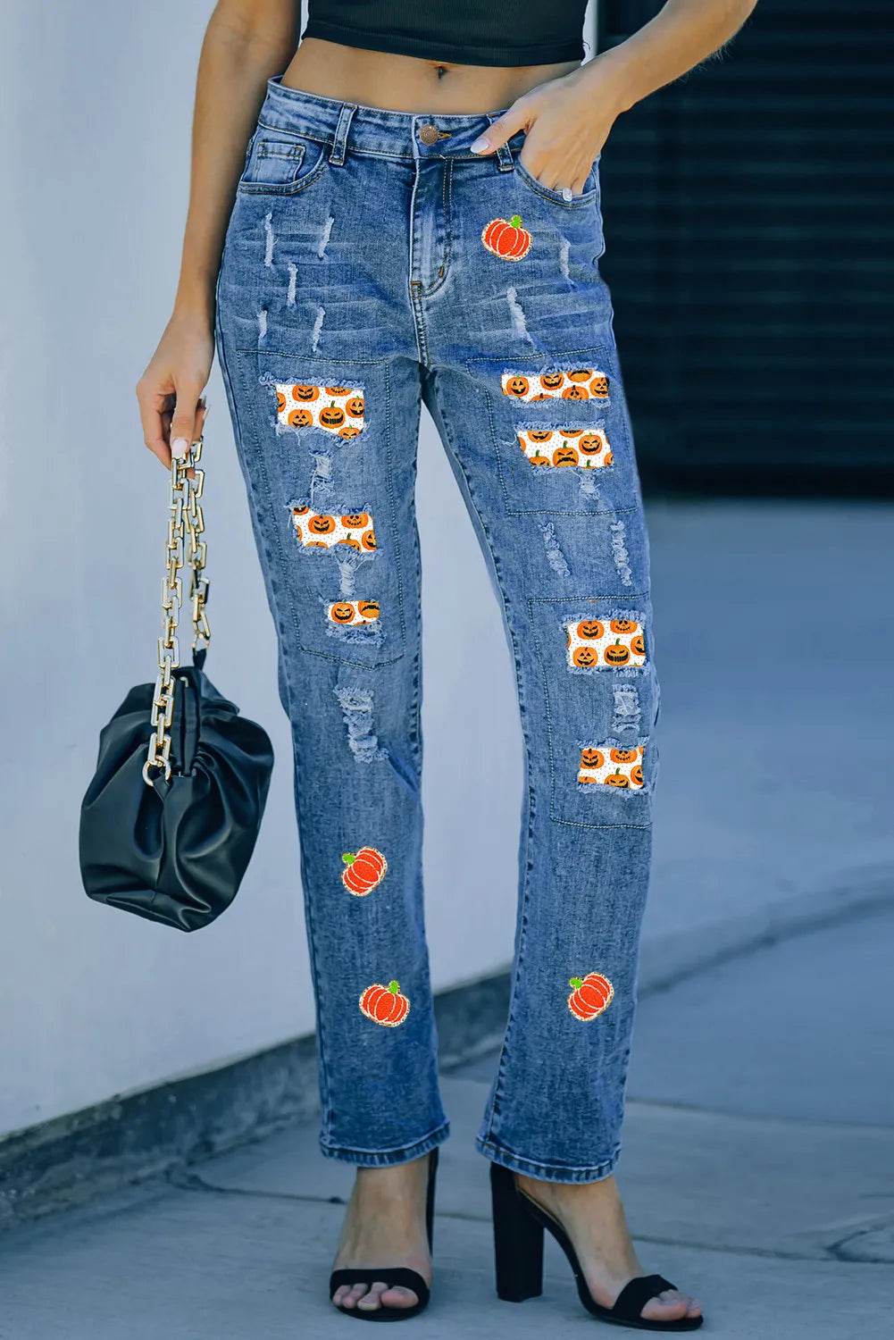 Distressed Pumpkin Jeans with Pockets - Fashions Envy