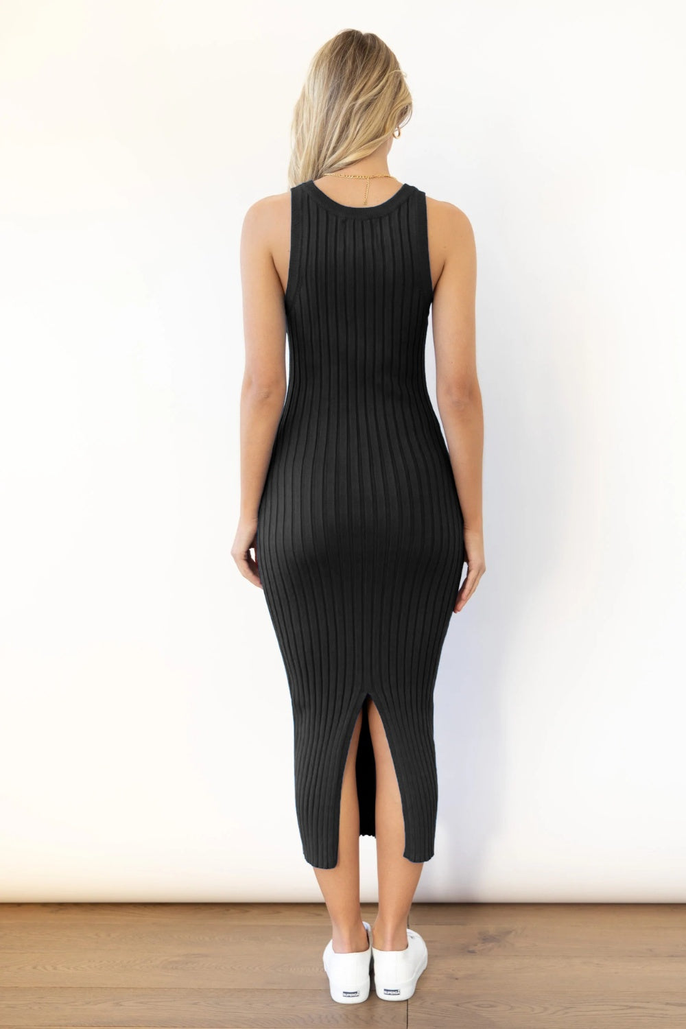 Slit Ribbed Round Neck Sleeveless Midi Dress
