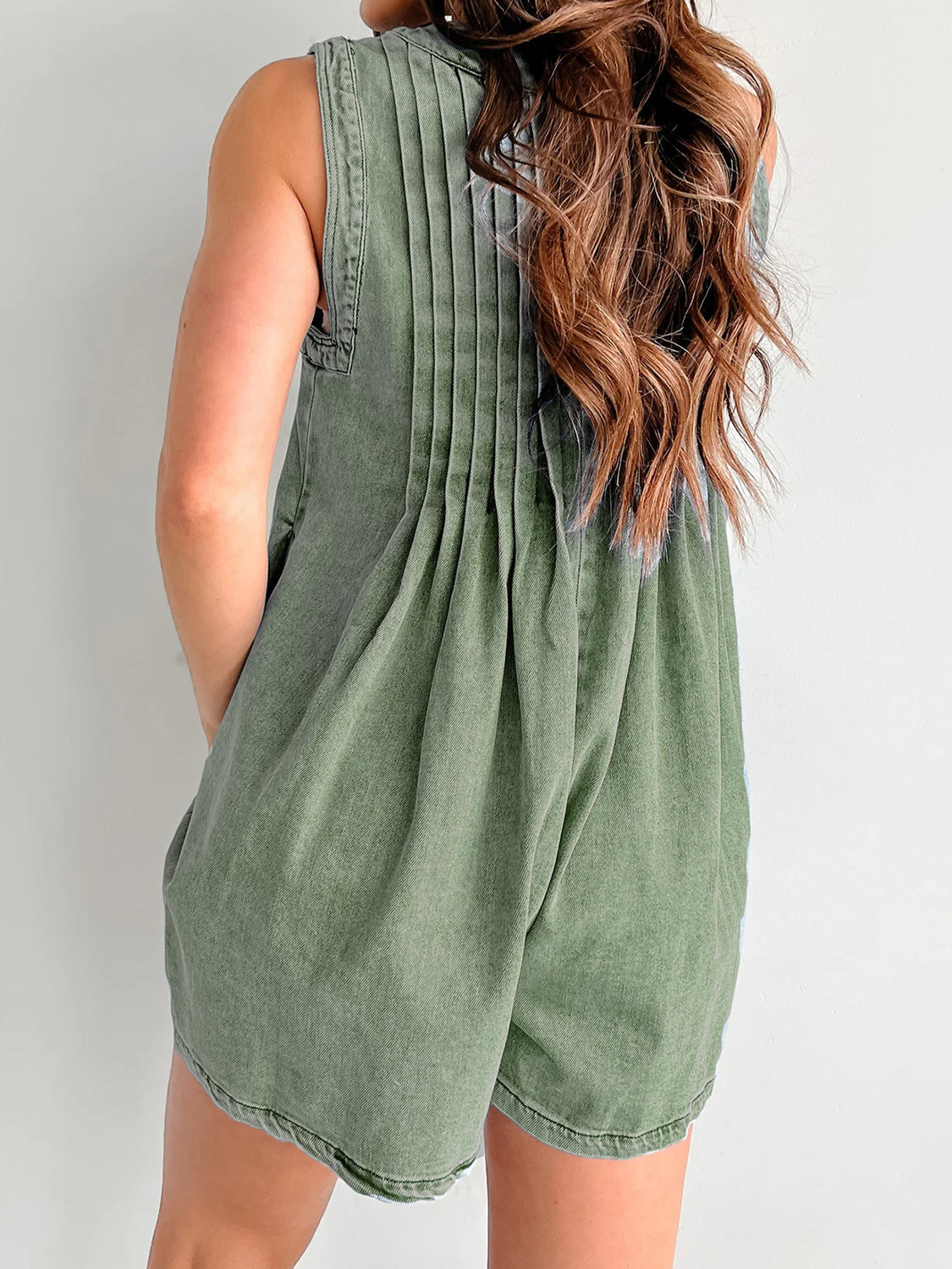 V-neck Pleated Tied Romper with Pockets