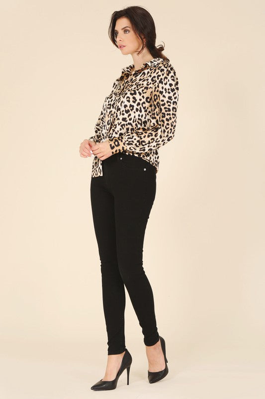 Satin Long Sleeve Leopard Blouse