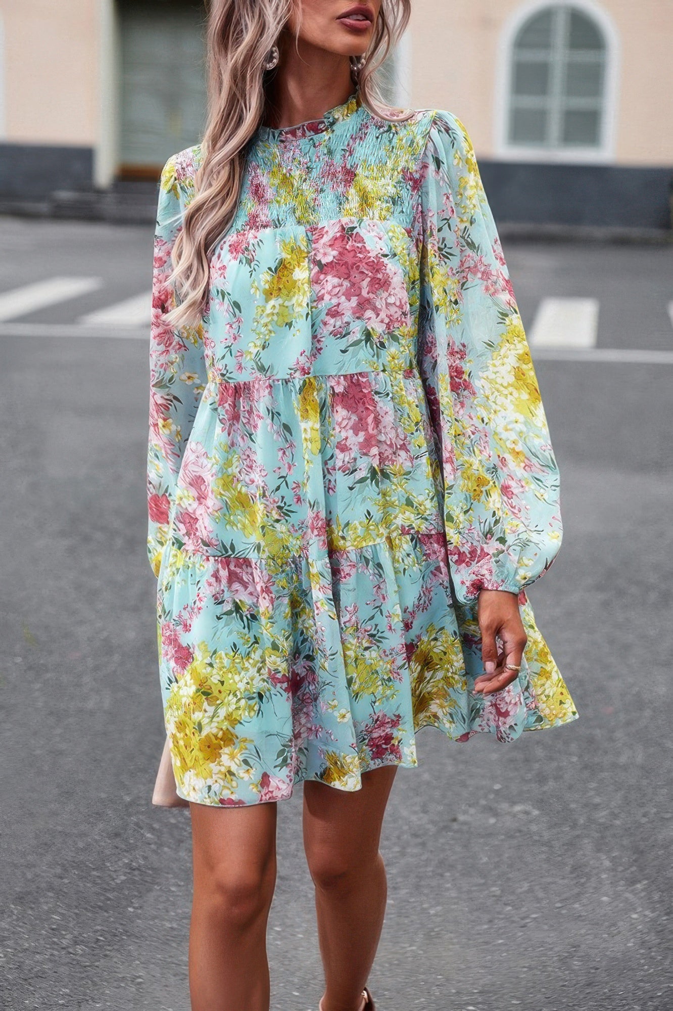 CCWHOLESALECLOTHING floral print smock dress in turquoise with smocked neck long puff sleeves tiered skirt for casual daywear