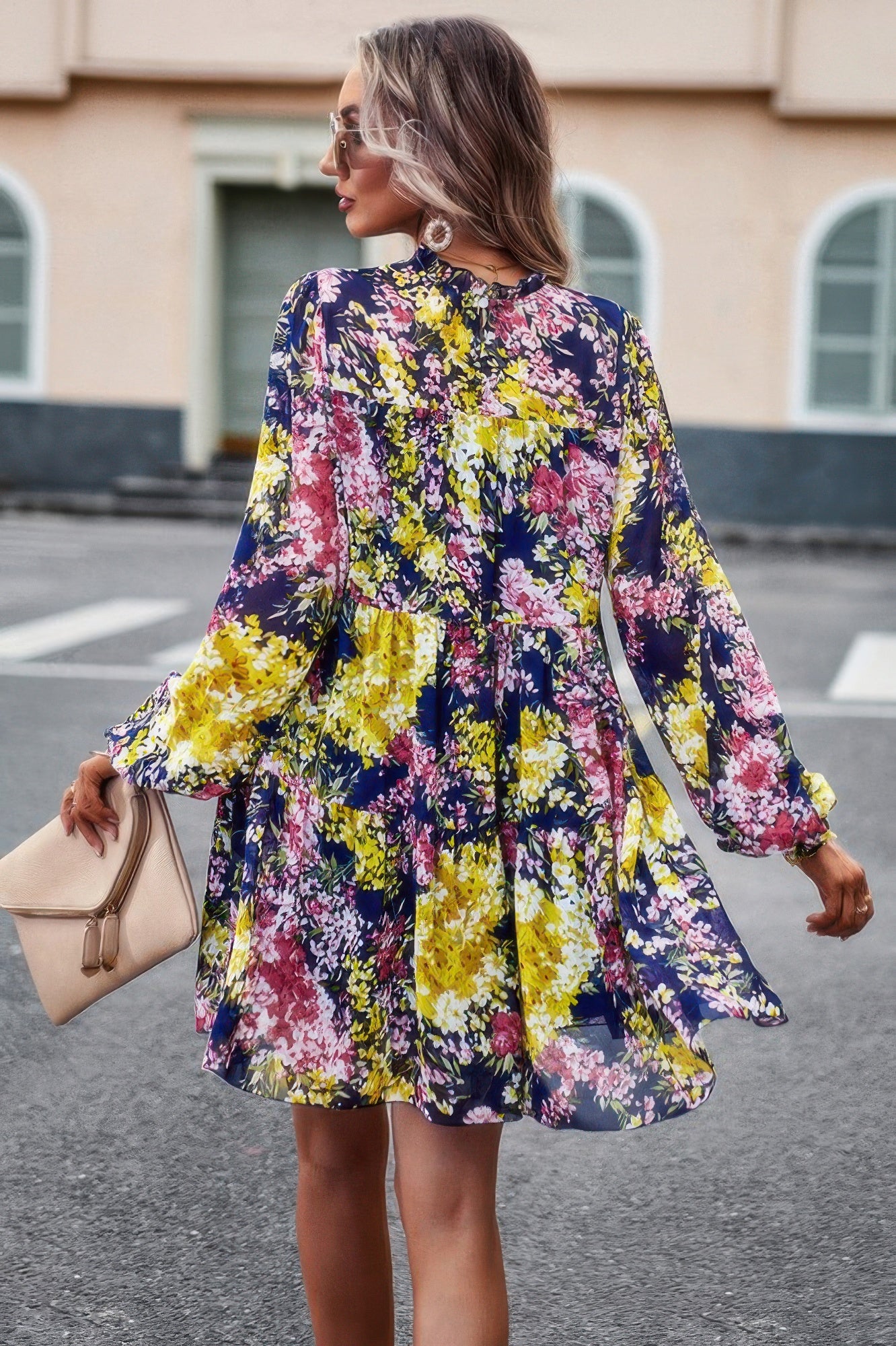 CCWHOLESALECLOTHING floral print smock dress navy with yellow pink blooms long sleeves tiered skirt