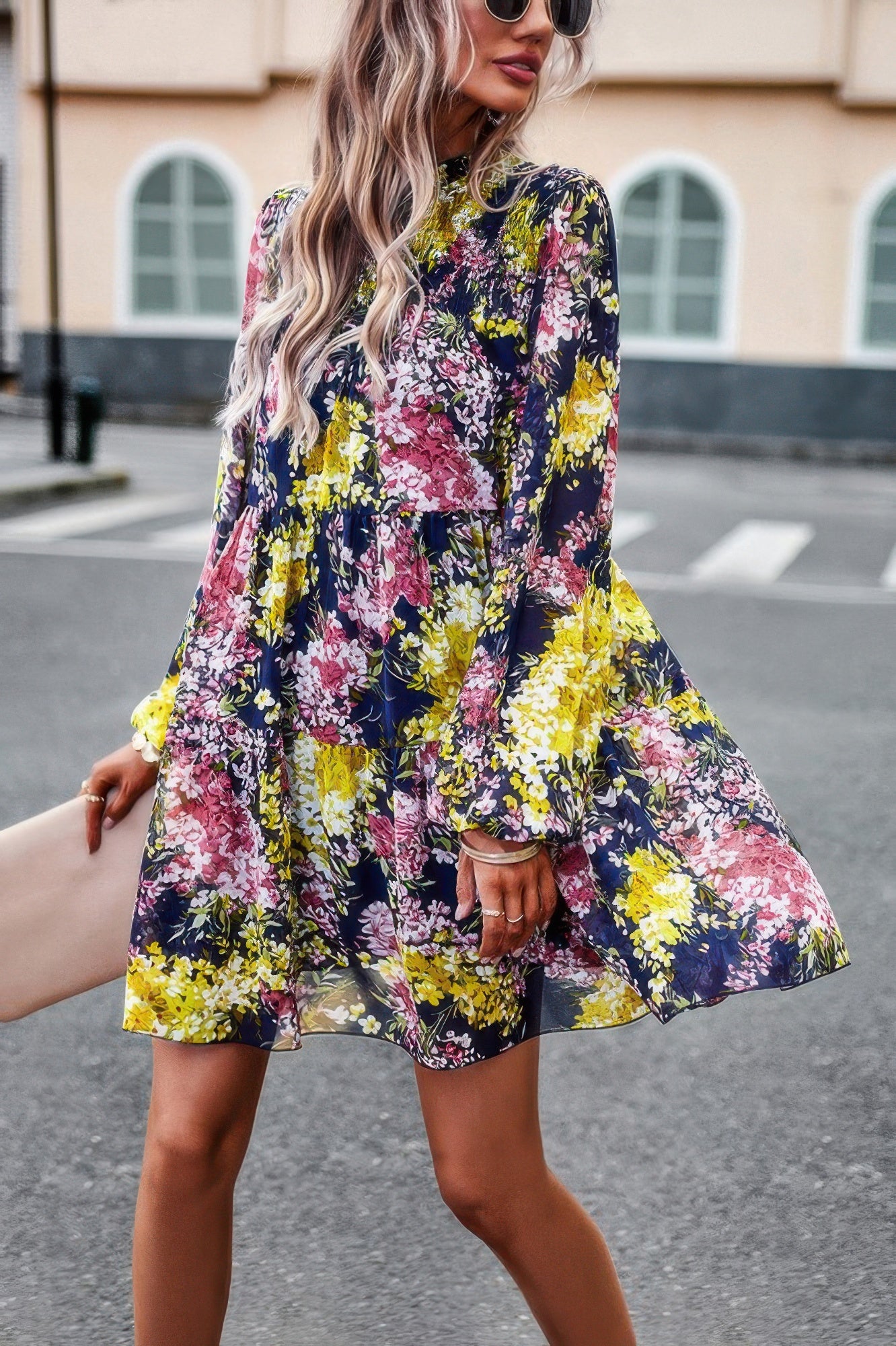 CCWHOLESALECLOTHING floral print smock dress navy multicolor long sleeve ruffle cuffs flowy above knee
