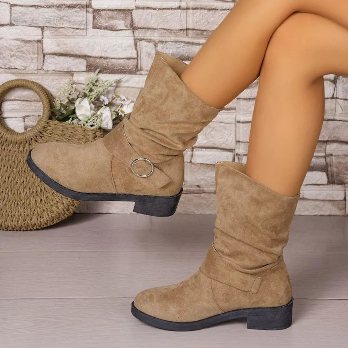 Trendsi Chic Slouchy Boots in Tan with Buckle Detail and Comfortable Low Heel