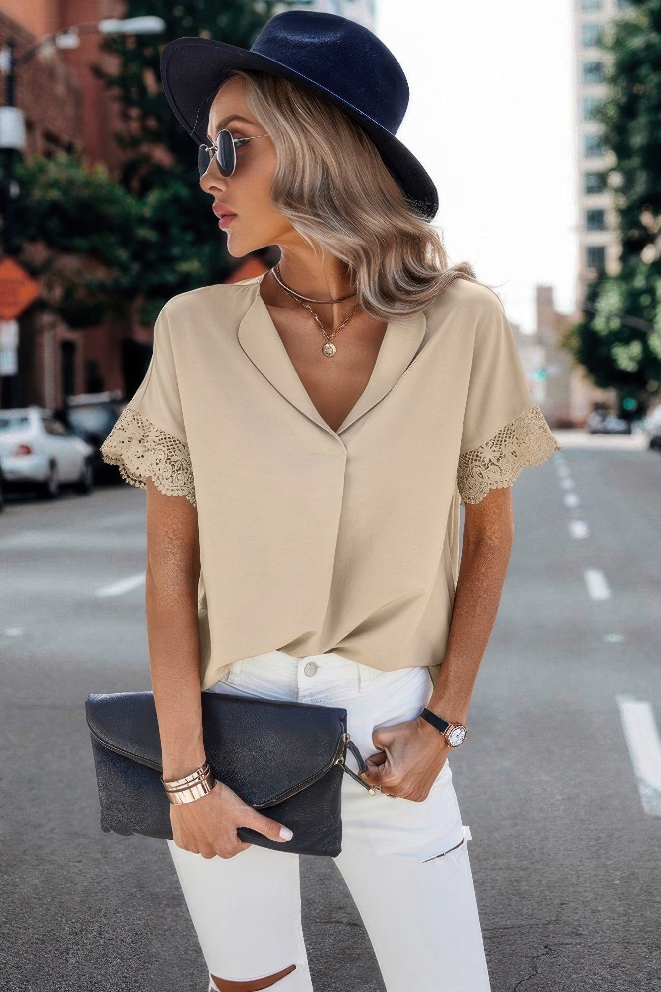 V Neck Fit Blouse beige lace short sleeve blouse worn with white jeans black clutch fedora hat