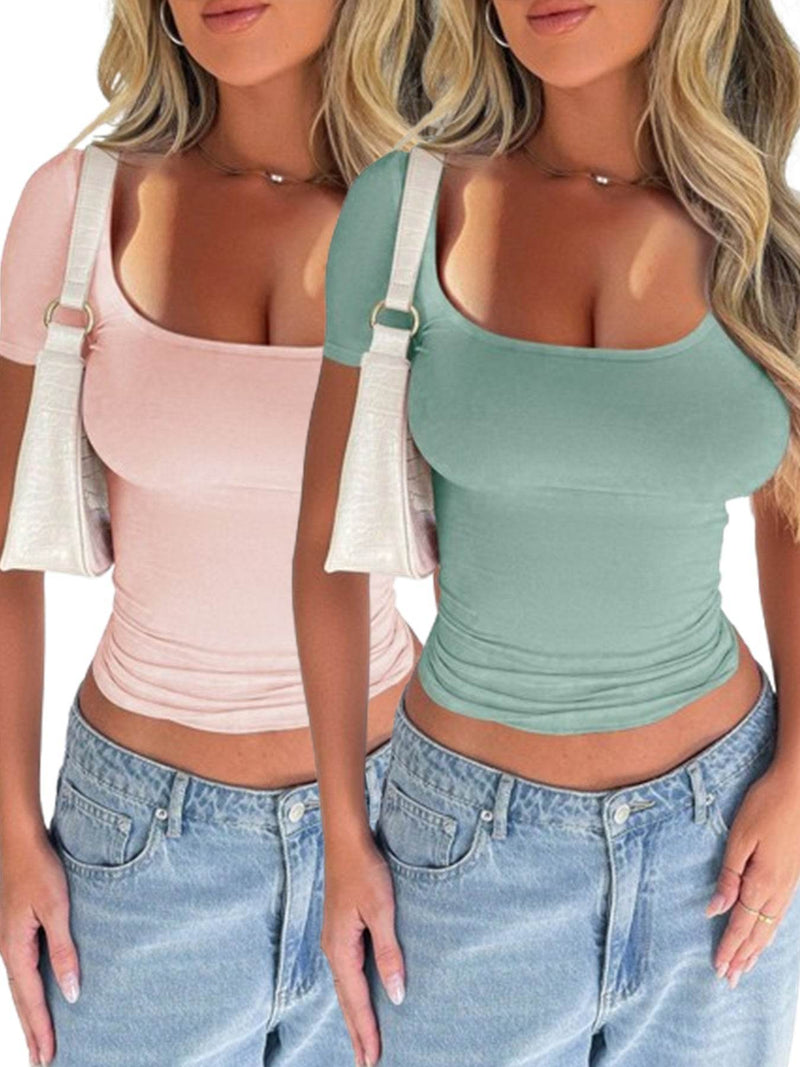 Y2K Crew Neck T-Shirt Set - 2 Piece Slim Fit Tops - Fashions Envy