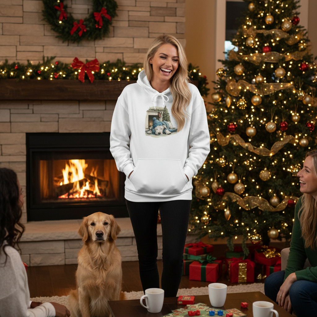 Christmas Fireplace Pup Hoodie 1