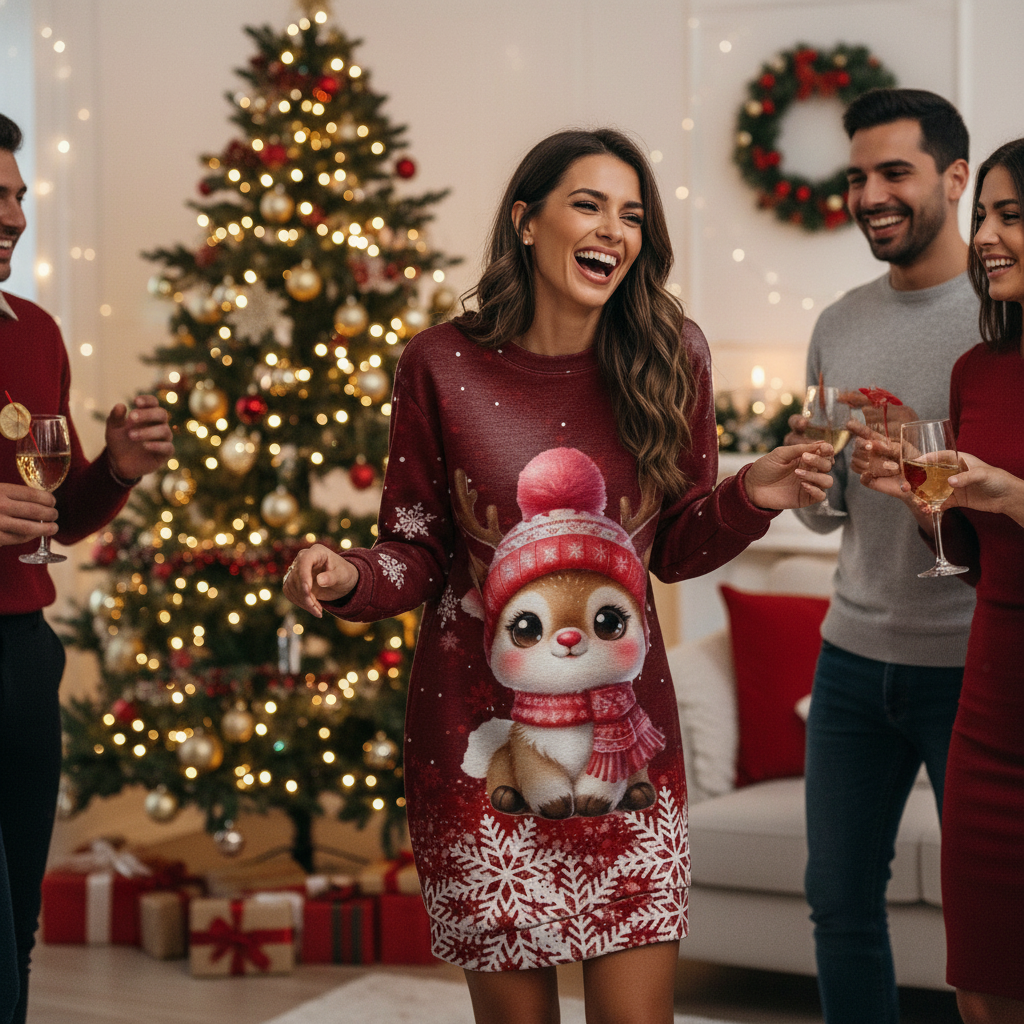 Christmas Print Long Sleeve Dress Actual Slot 2 Lifestyle Image