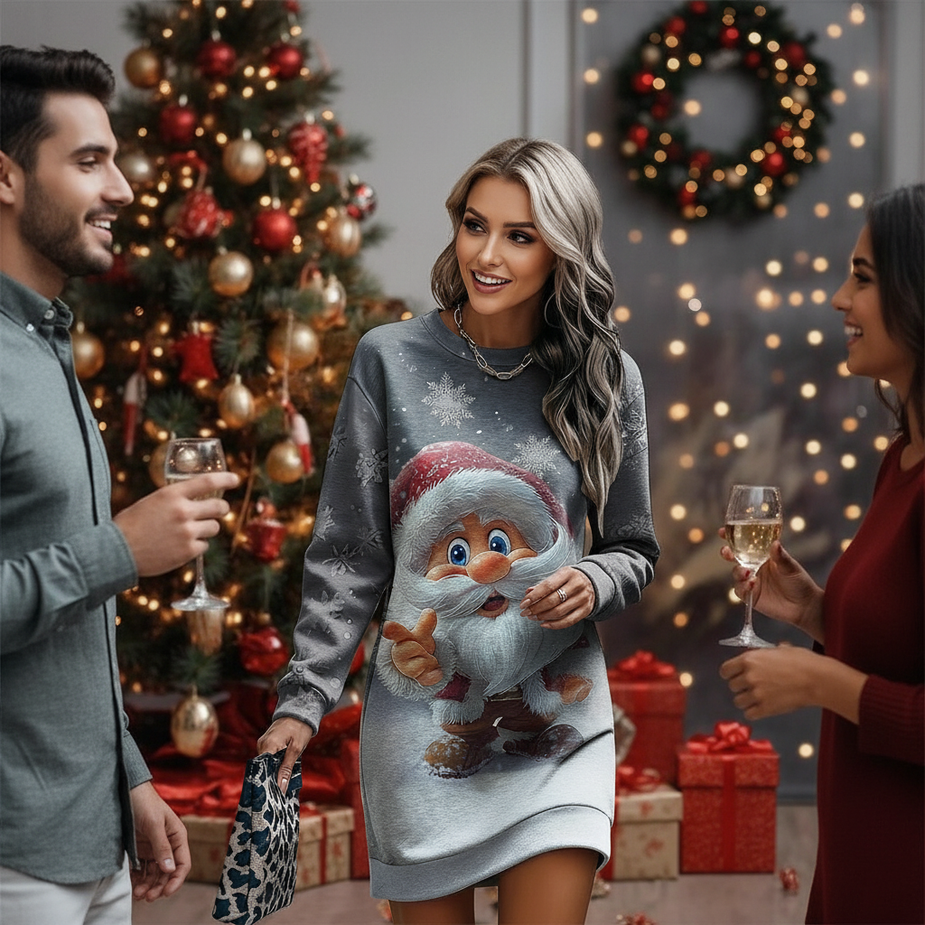 Christmas Print Long Sleeve Dress Lifestyle Image