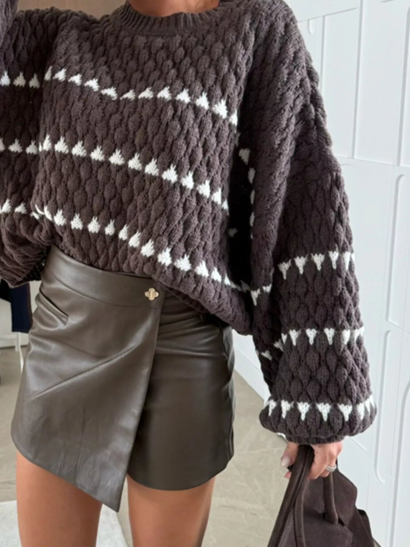 Trendsi Chunky Knit Striped Sweater in Dark Brown with Cream Stripes for a Cozy Look