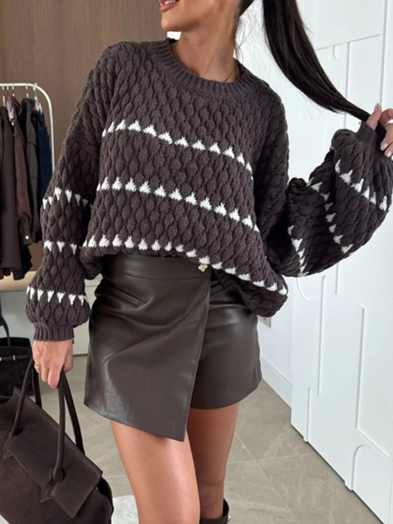 Chunky Knit Striped Sweater in Dark Brown with White Stripes, styled with a black leather skirt