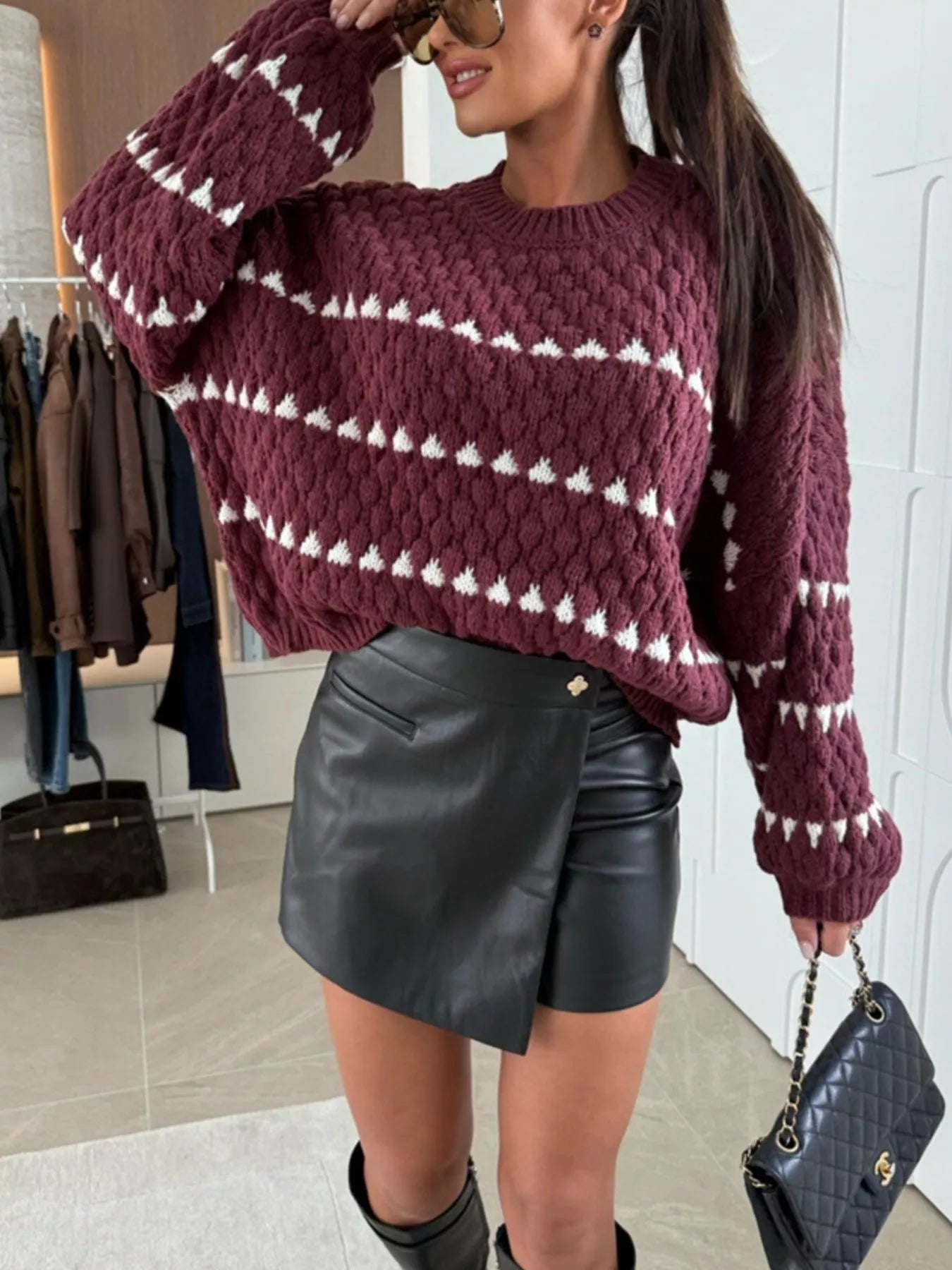 Trendsi Chunky Knit Striped Sweater in Burgundy with White Stripes, paired with a stylish leather skirt