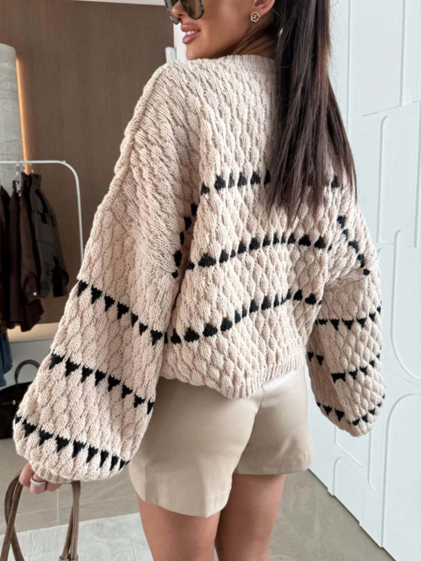 Trendsi Chunky Knit Striped Sweater in beige with black stripes and balloon sleeves, styled with shorts
