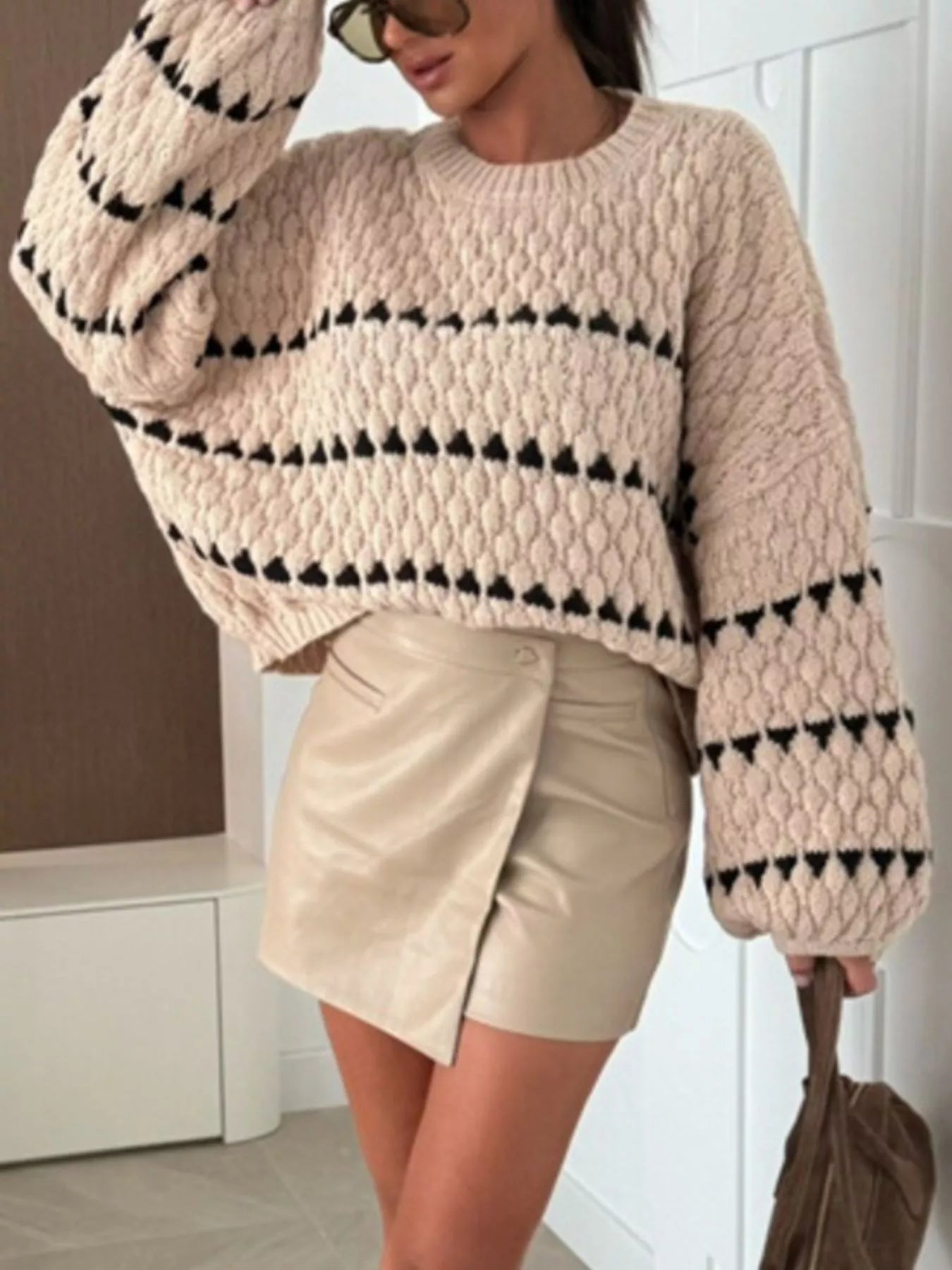 Trendsi Chunky Knit Striped Sweater in beige with black stripes, perfect for casual outfits