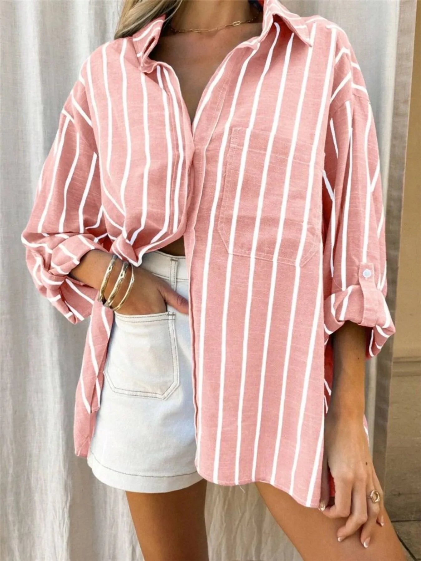 Trendsi Striped Button-Up Shirt oversized pink with white vertical stripes rolled sleeves casual look