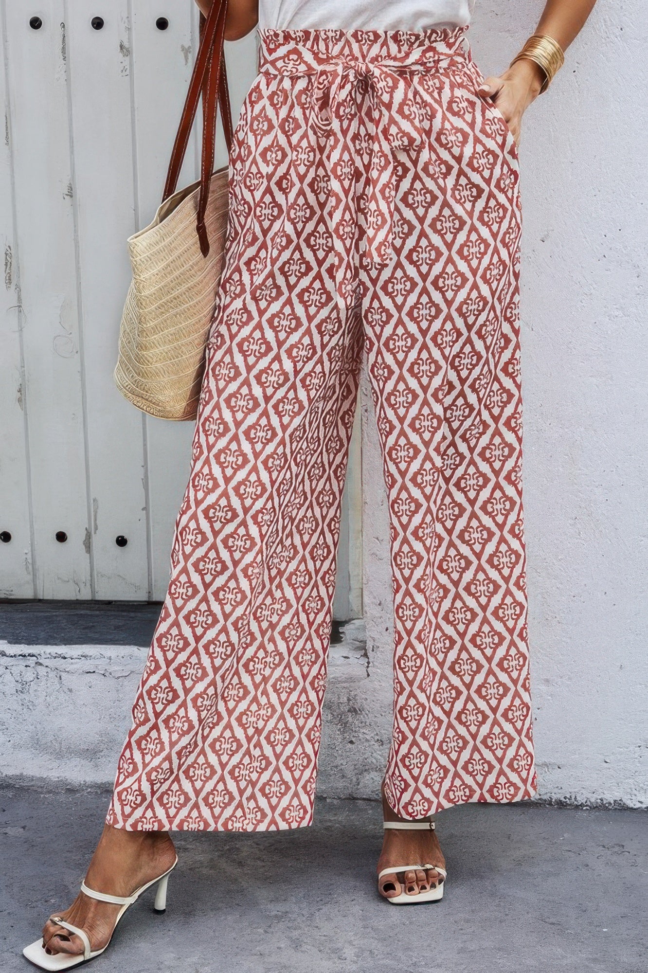 Tie Pockets Knot Pants high waisted red geometric wide leg pants with side pockets and waist tie