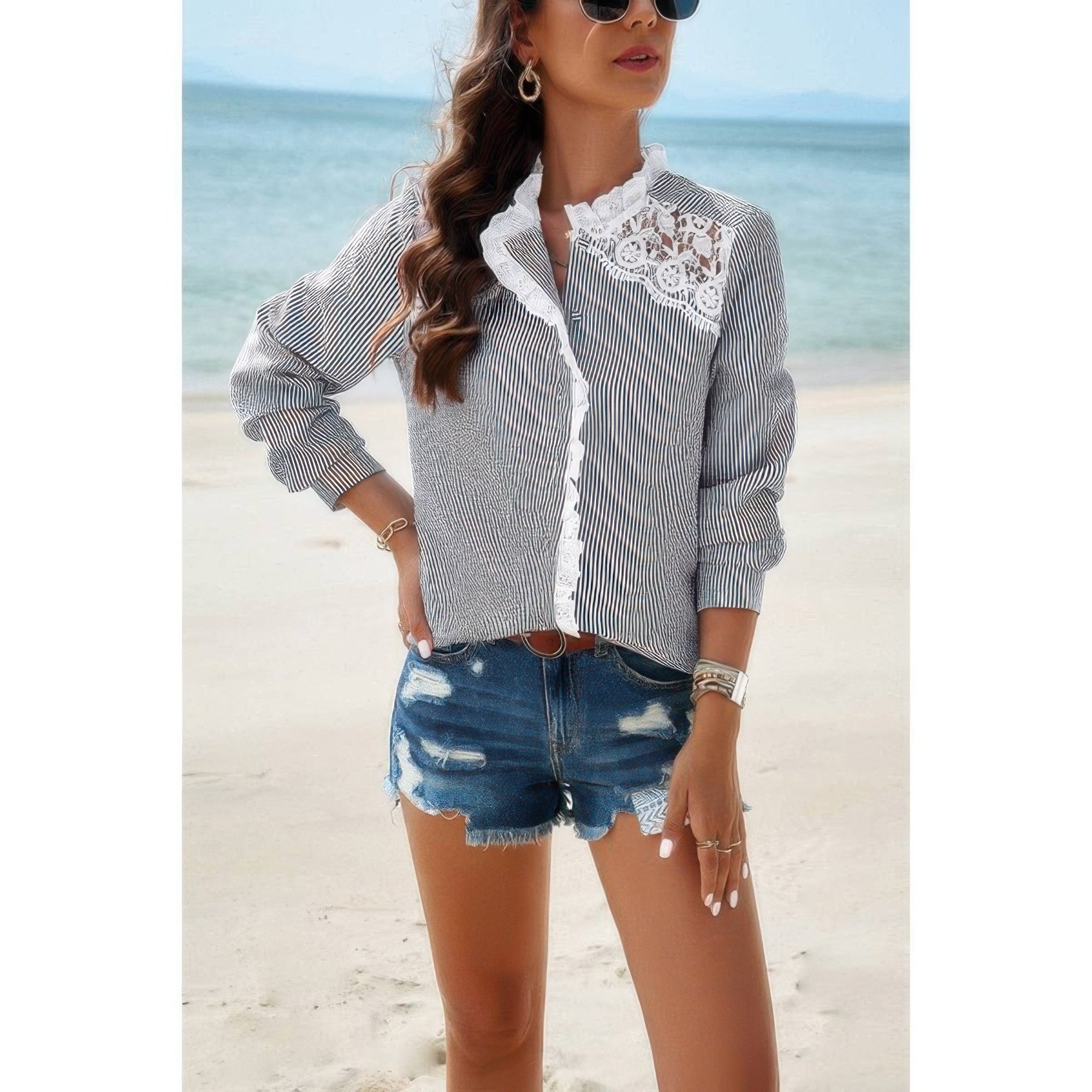 Button Front Shirt striped lace yoke ruffle trim on beach model with denim shorts sunglasses