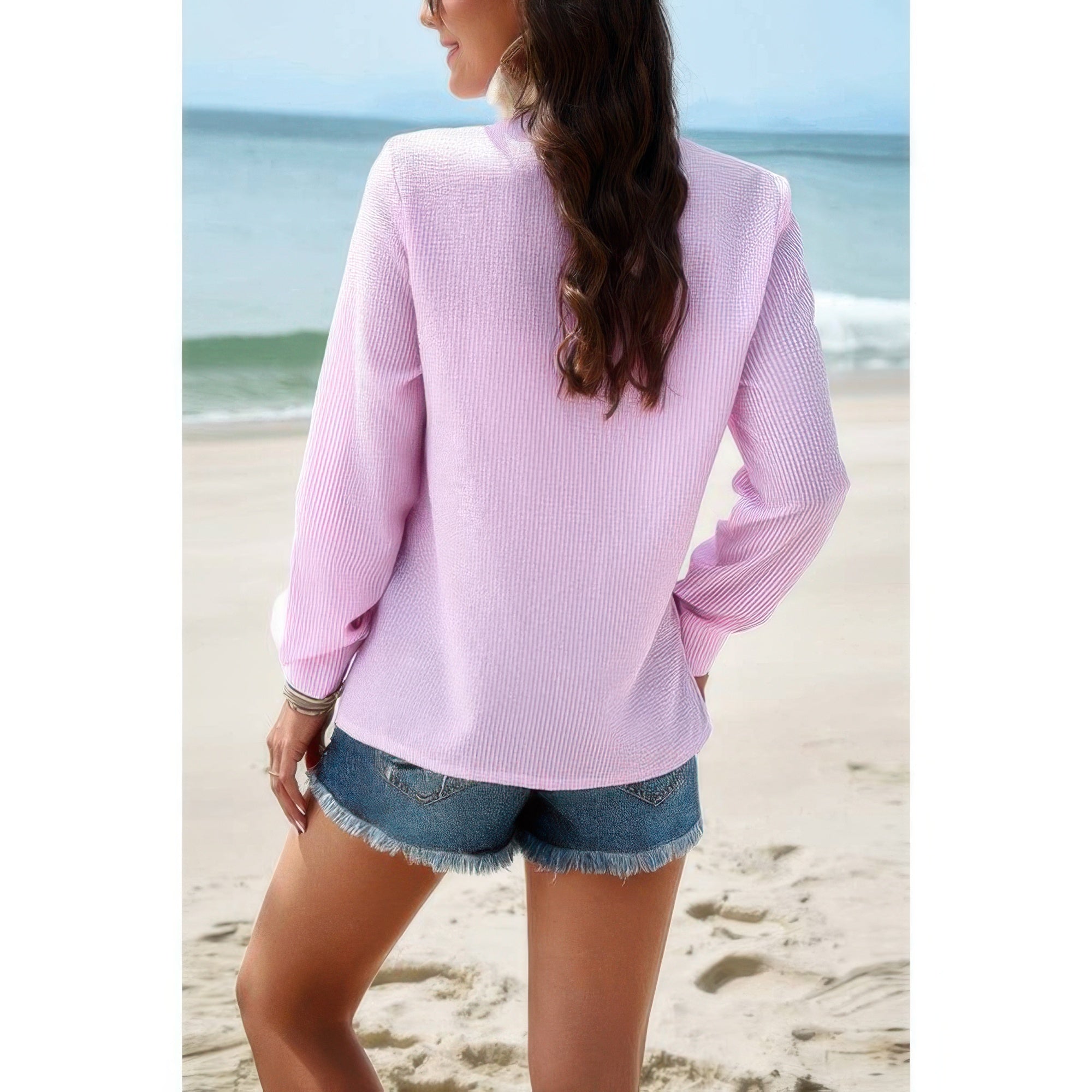 CCWHOLESALECLOTHING Button Front Shirt pale pink waffle knit long sleeve casual beach top with denim shorts