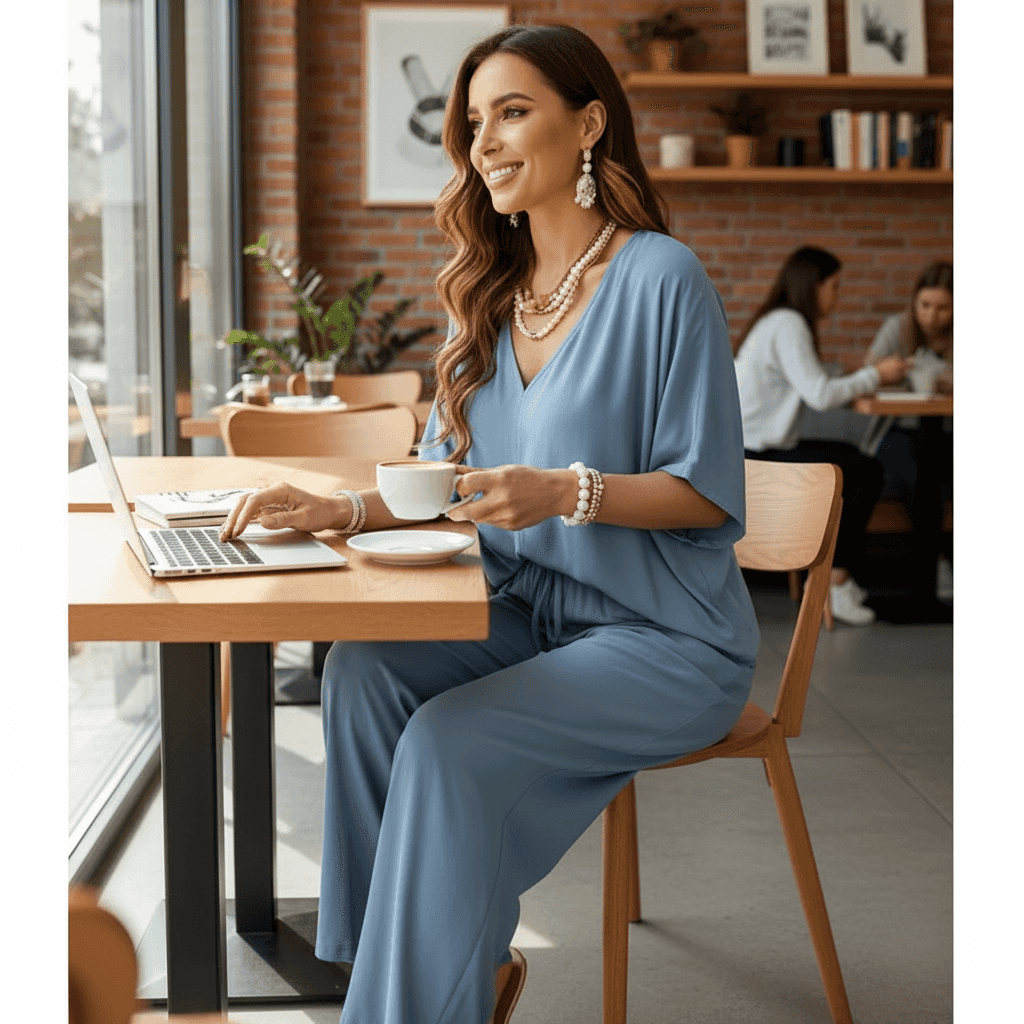 Two-Piece Lounge Set - V-Neck Top & Wide Leg Pants - Fashions Envy