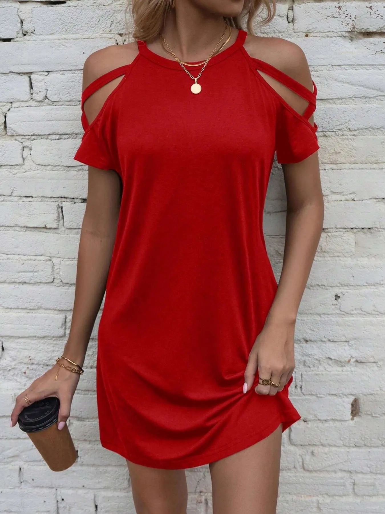 Trendsi Cold Shoulder Mini Dress in Red with Stylish Cut-Out Straps for a Chic Look
