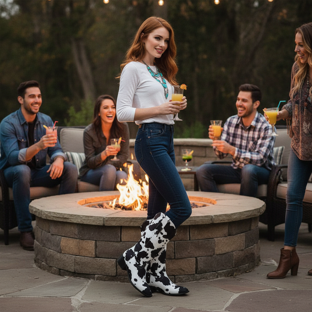Cow Print Boots Firepit Lifestyle - Hot Redhead