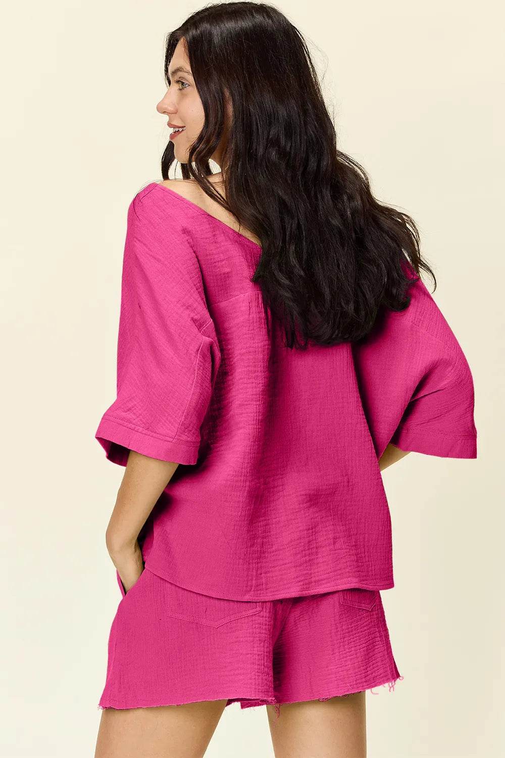 Textured Shorts and T-Shirt Set for Women - Mustard Two-Piece Outfit - Fashions Envy