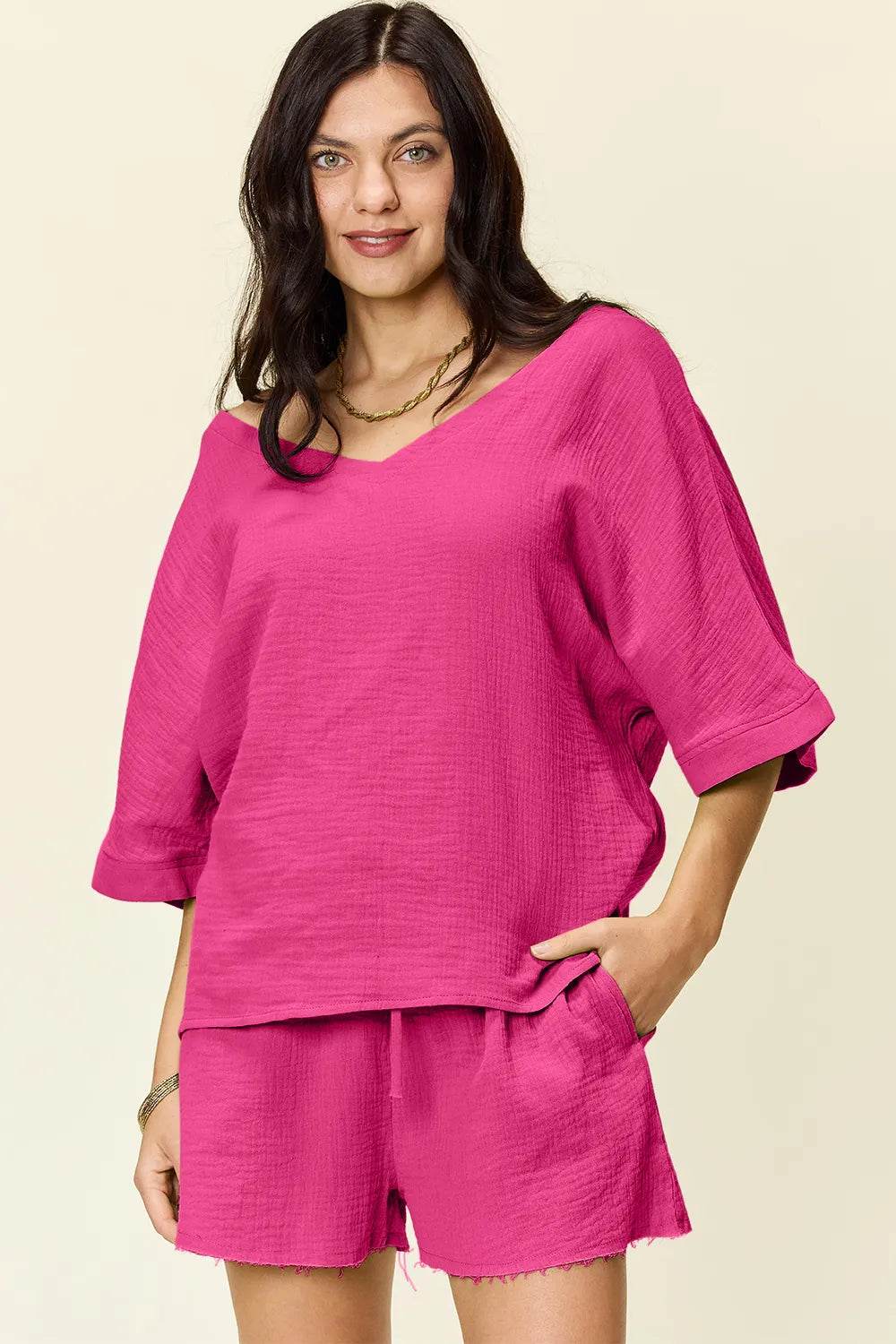 Textured Shorts and T-Shirt Set for Women - Mustard Two-Piece Outfit - Fashions Envy