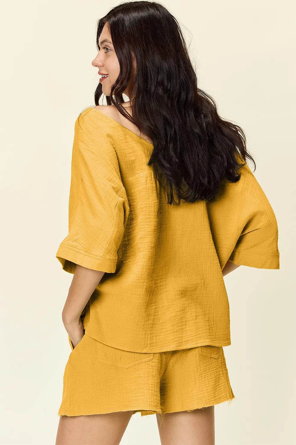 Textured Shorts and T-Shirt Set for Women - Mustard Two-Piece Outfit - Fashions Envy