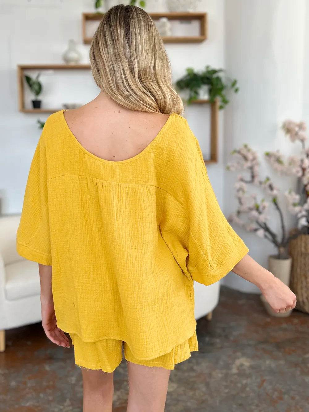 Textured Shorts and T-Shirt Set for Women - Mustard Two-Piece Outfit - Fashions Envy