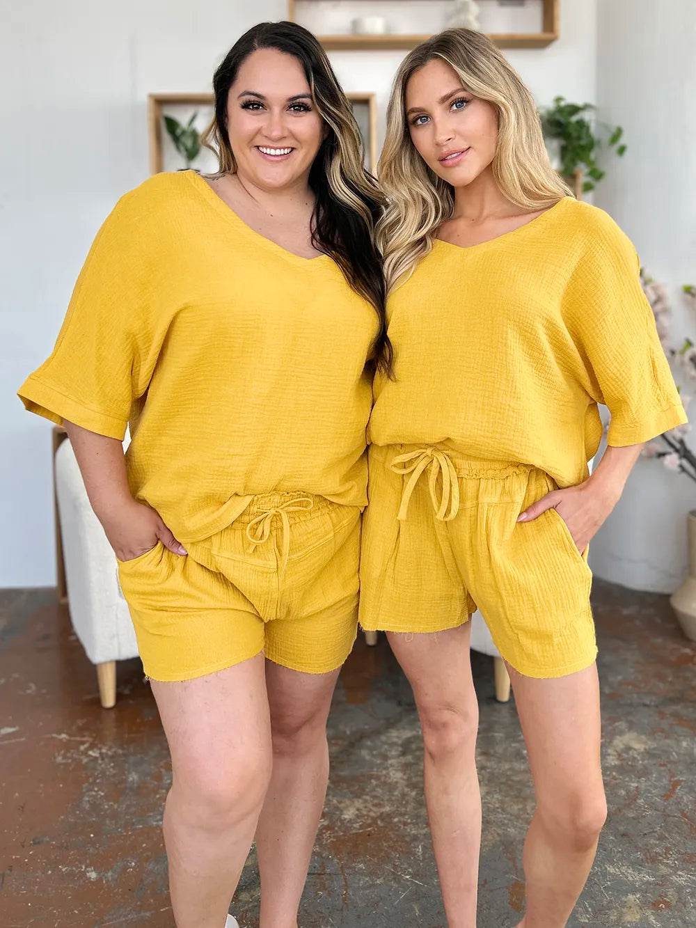 Textured Shorts and T-Shirt Set for Women - Mustard Two-Piece Outfit - Fashions Envy