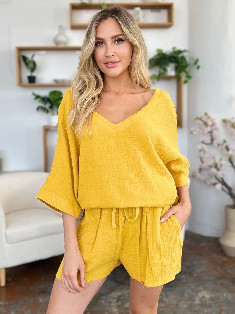 Textured Shorts and T-Shirt Set for Women - Mustard Two-Piece Outfit - Fashions Envy