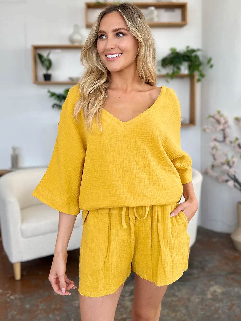 Textured Shorts and T-Shirt Set for Women - Mustard Two-Piece Outfit - Fashions Envy