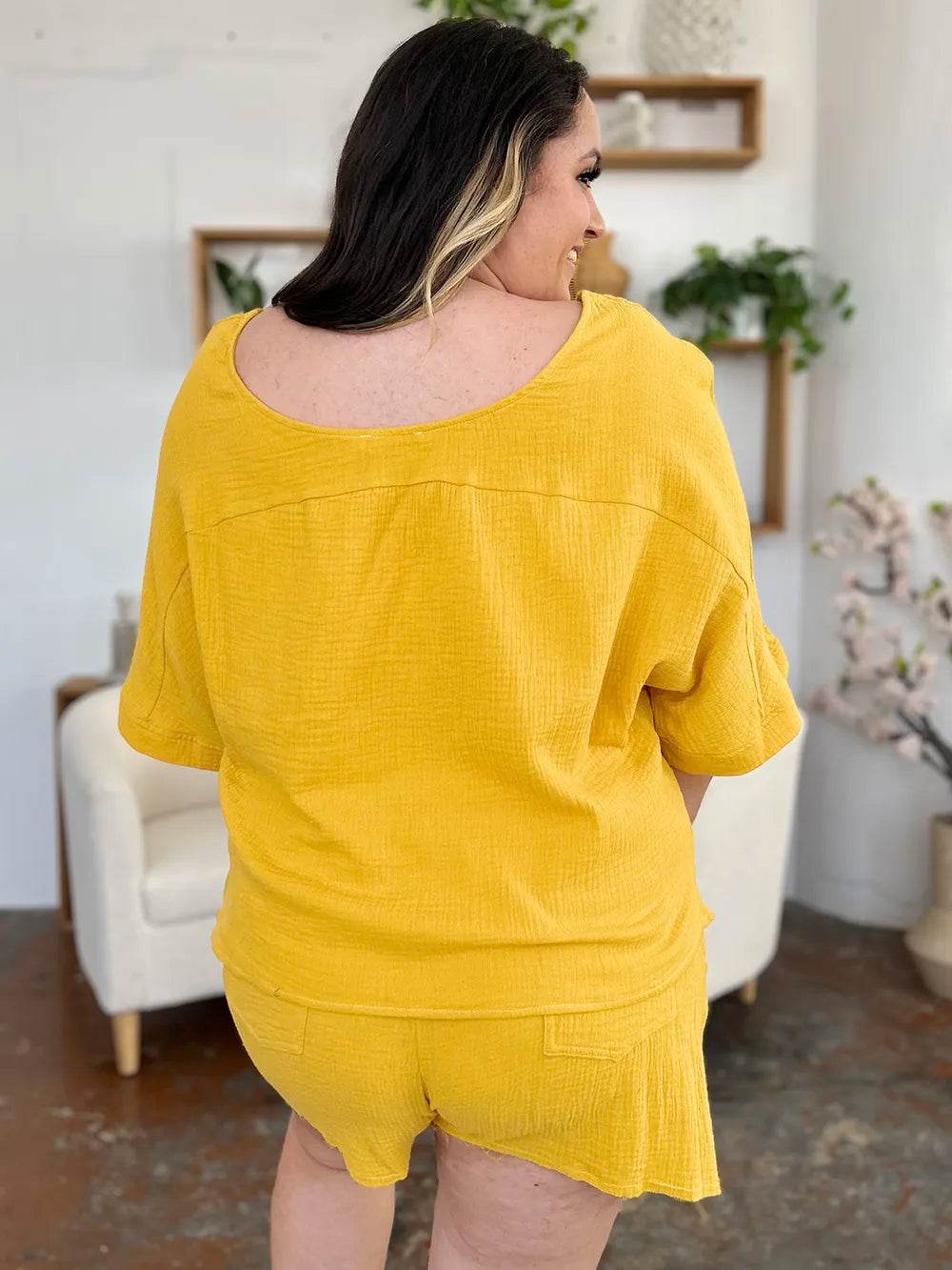 Textured Shorts and T-Shirt Set for Women - Mustard Two-Piece Outfit - Fashions Envy