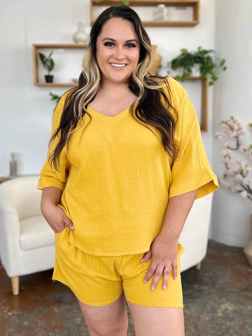 Textured Shorts and T-Shirt Set for Women - Mustard Two-Piece Outfit - Fashions Envy