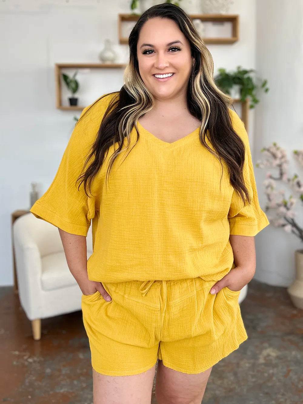 Textured Shorts and T-Shirt Set for Women - Mustard Two-Piece Outfit - Fashions Envy
