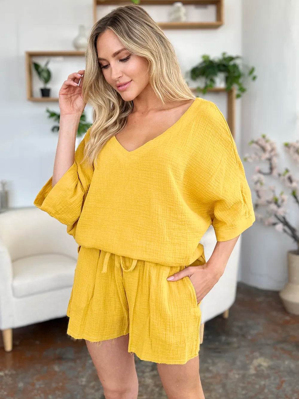 Textured Shorts and T-Shirt Set for Women - Mustard Two-Piece Outfit - Fashions Envy