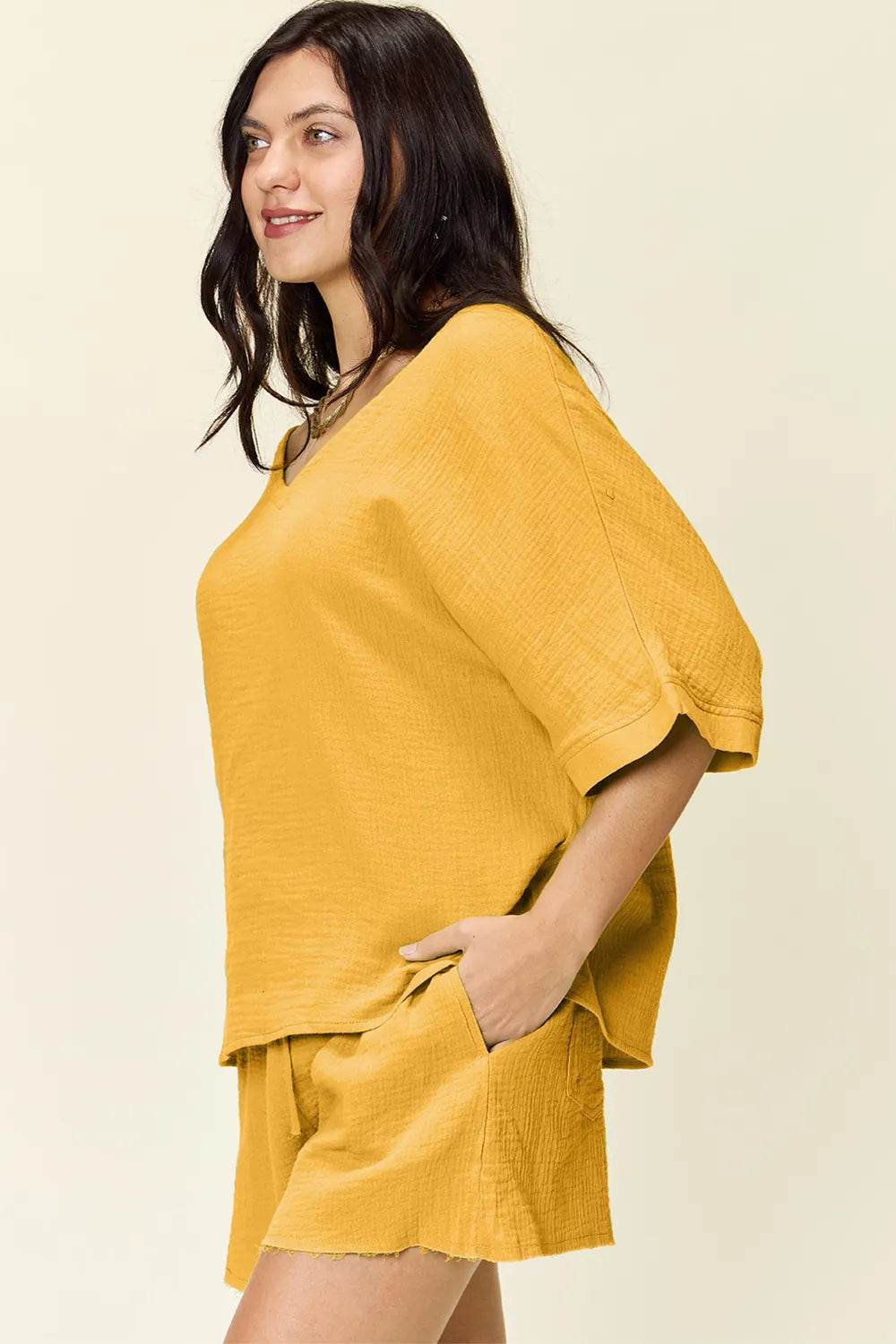 Textured Shorts and T-Shirt Set for Women - Mustard Two-Piece Outfit - Fashions Envy