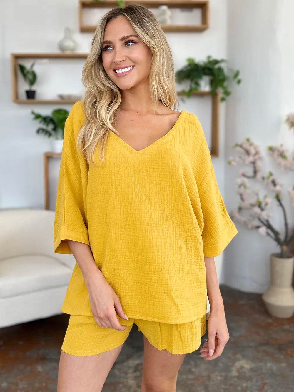 Textured Shorts and T-Shirt Set for Women - Mustard Two-Piece Outfit - Fashions Envy