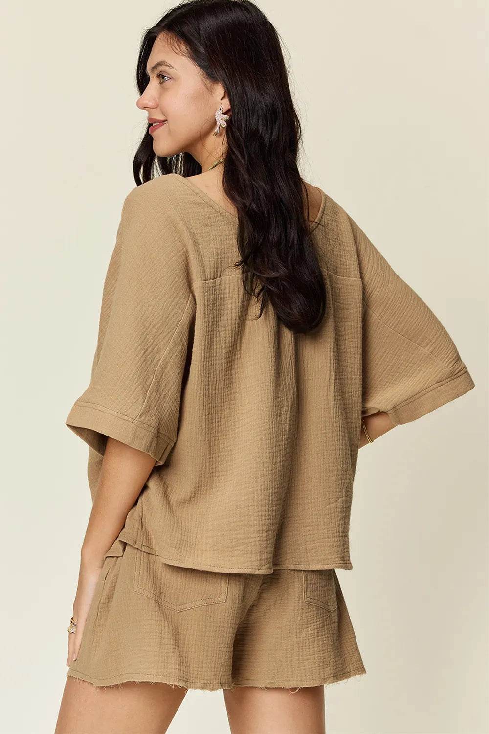 Textured Shorts and T-Shirt Set for Women - Mustard Two-Piece Outfit - Fashions Envy