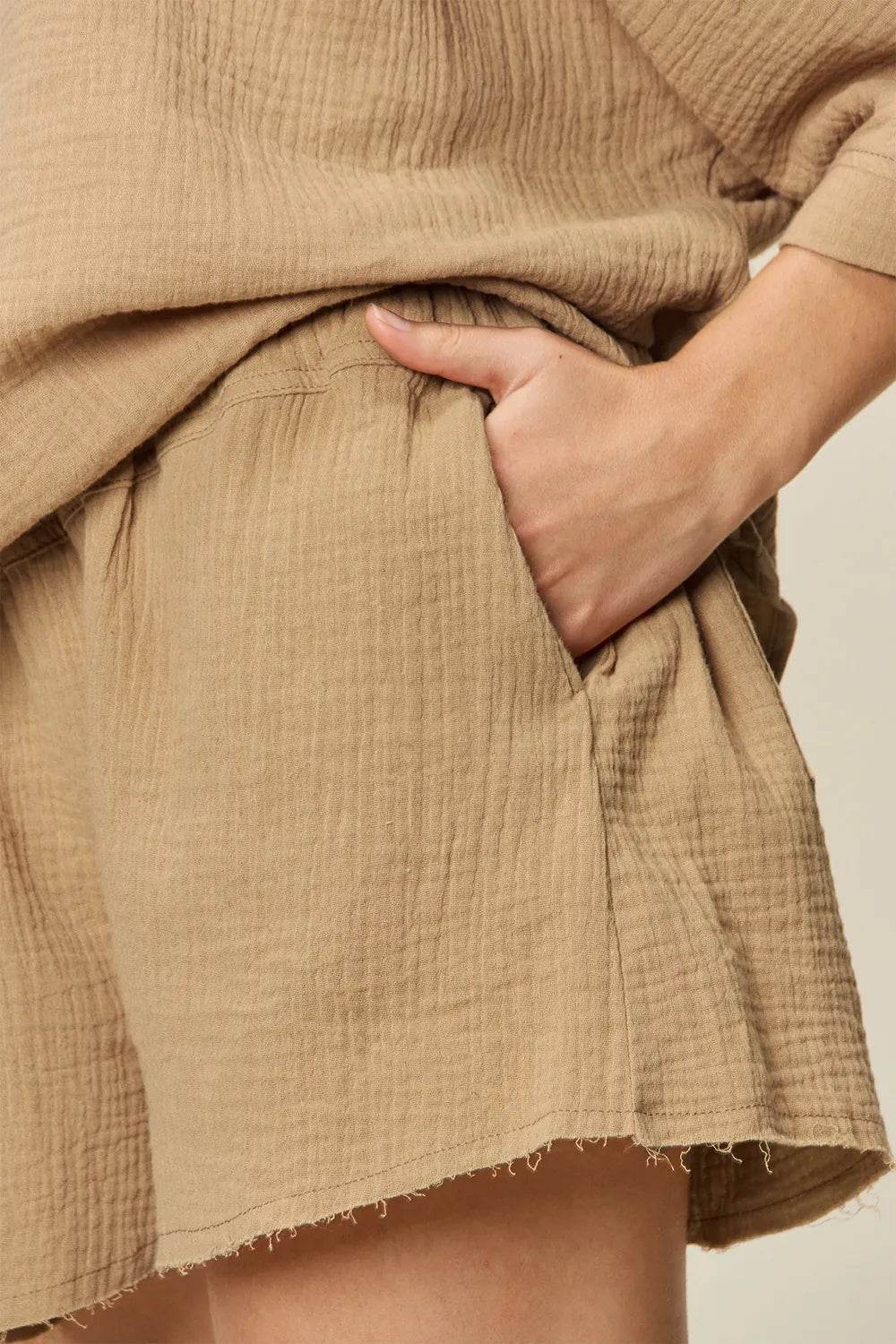 Textured Shorts and T-Shirt Set for Women - Mustard Two-Piece Outfit - Fashions Envy