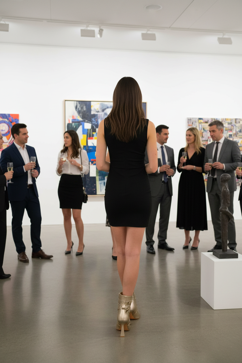 Cream studded ankle boots at art gallery - back view