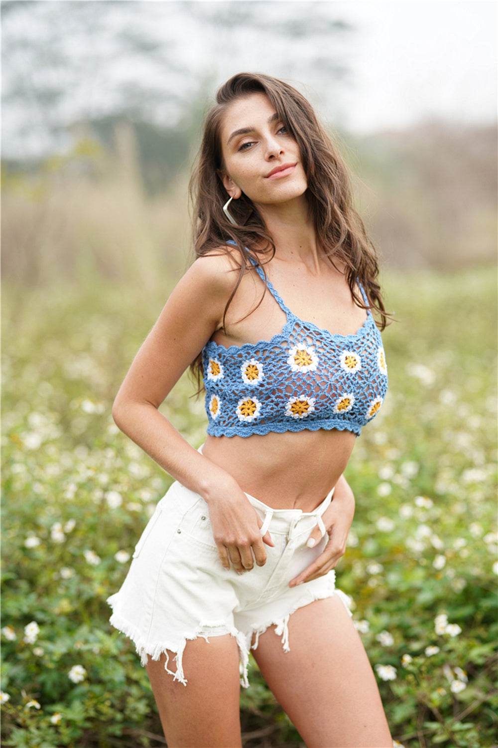 Trendsi Crochet Cropped Cami in Blue with Floral Design Worn with White Distressed Shorts