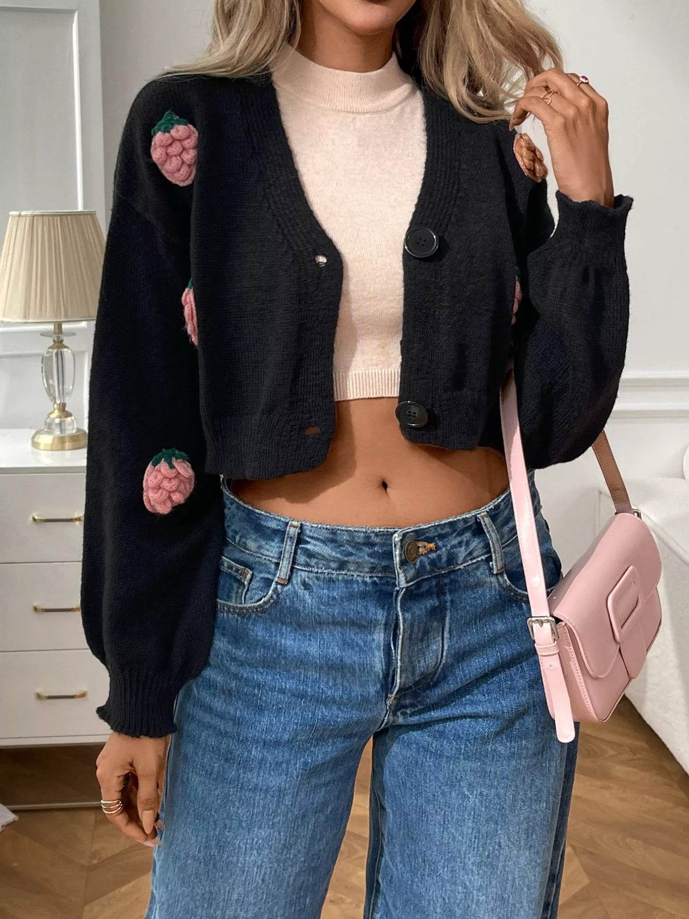 Trendsi Cropped Button-Up Cardigan with Floral Embroidery, styled over a fitted top and high-waisted jeans