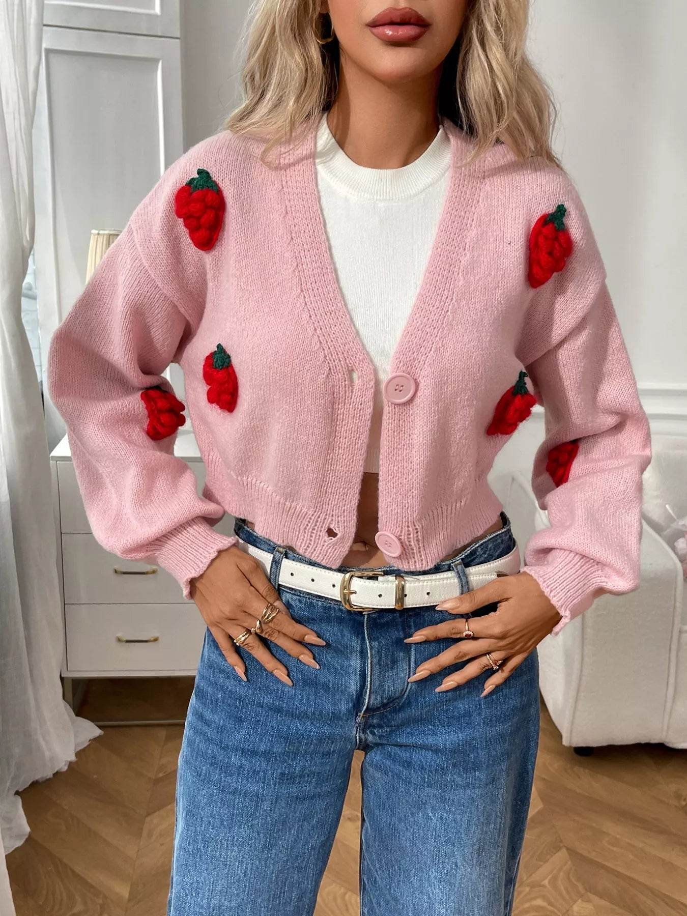 Trendsi Cropped Button-Up Cardigan in Pink with Cherry Embroidery and Button Closure