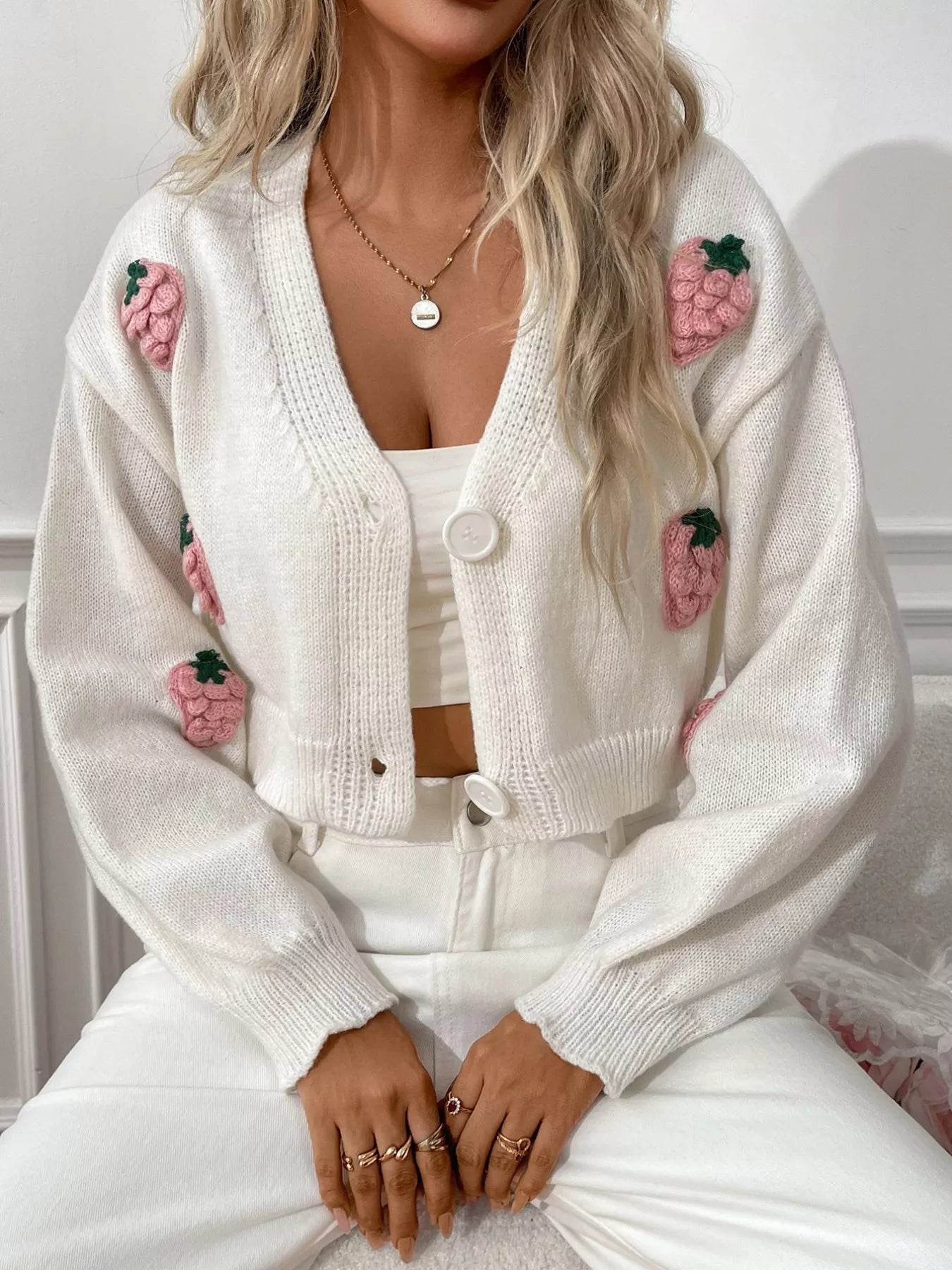 Cropped Button-Up Cardigan in White with Pink Strawberry Embroidery for a Charming Look