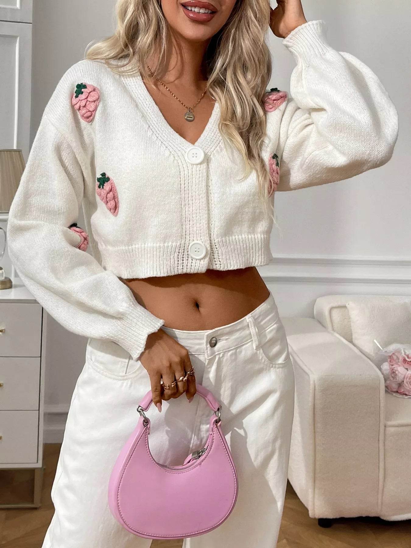 Trendsi Cropped Button-Up Cardigan with Floral Embroidery in White, paired with White Jeans and Pink Handbag