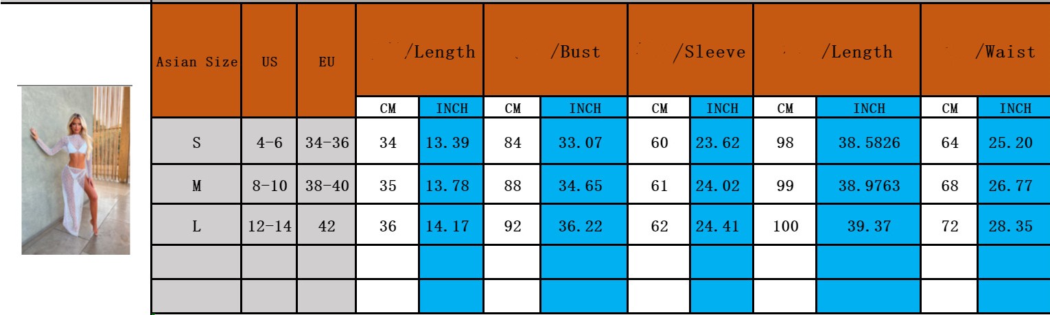 Trendsi cropped long sleeve bikini cover up size chart with measurements for bust sleeve length and waist