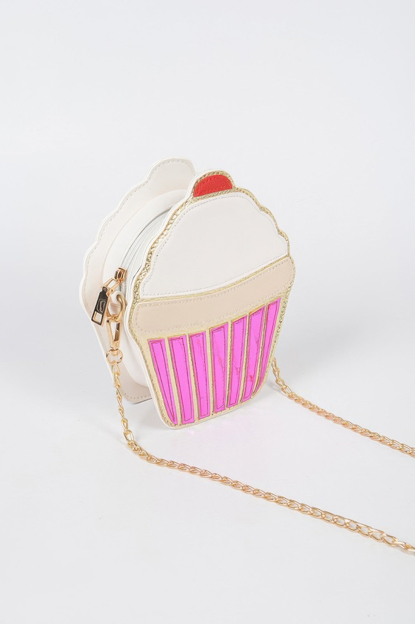Cupcake shaped white and pink novelty Clutch Handbag with gold chain strap ideal for parties and gifts