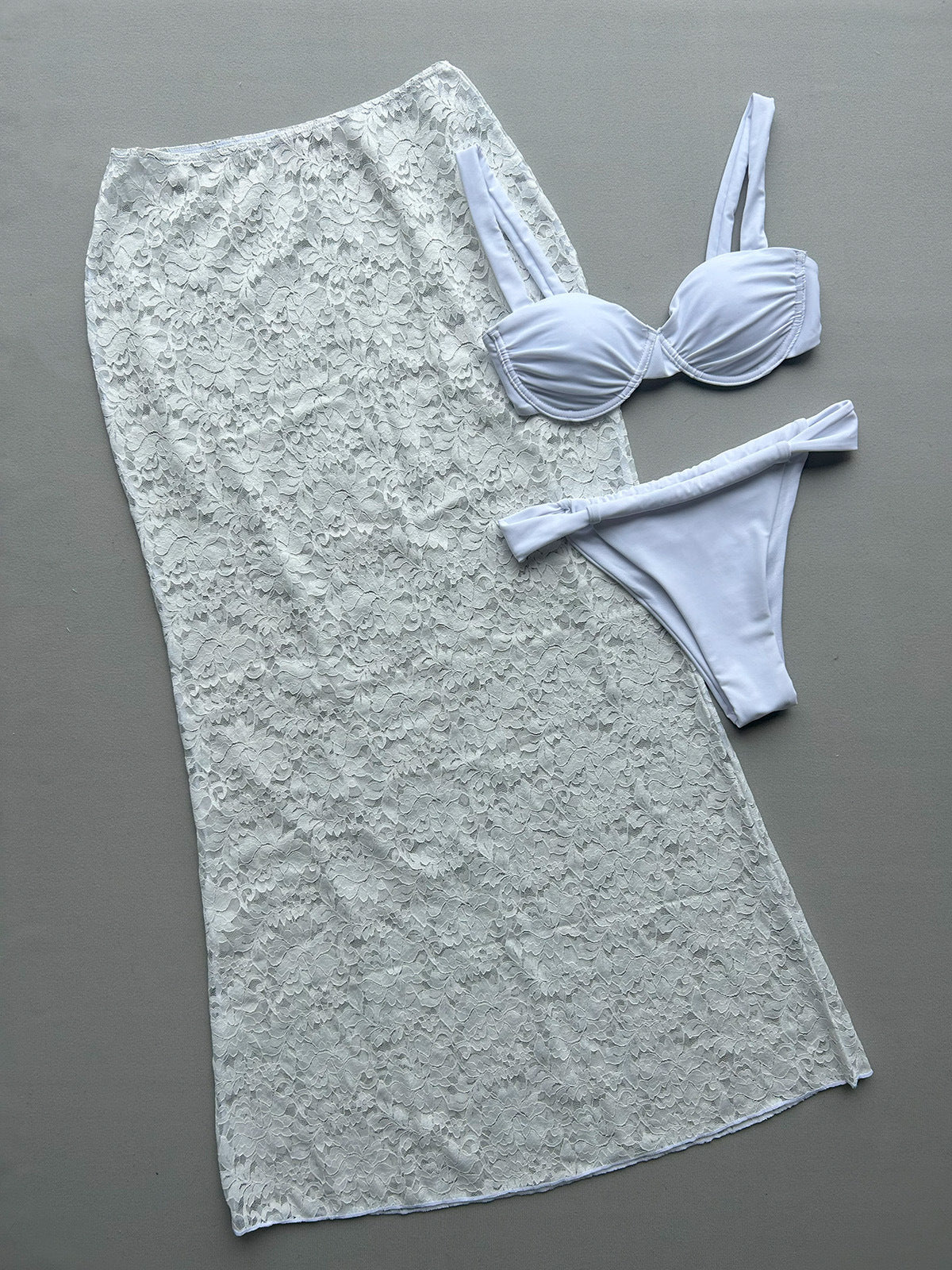White 3PC Bikini Set - Lace Maxi Skirt Split Swimwear